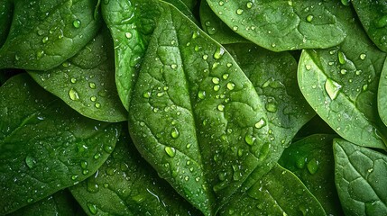 Background from fresh green spinach leaves with water drops. Texture of raw organic baby spinach close up. 