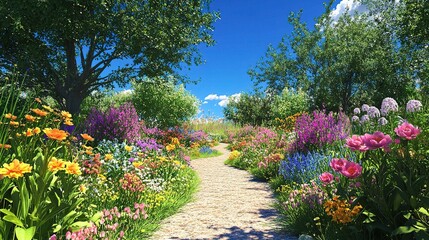 Obraz premium Vibrant Garden Pathway in Full Bloom