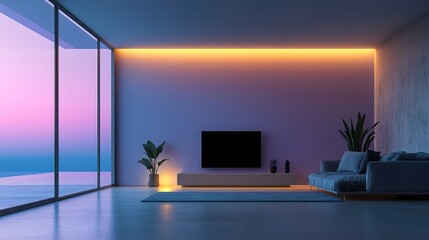 Modern Living Room with Ambient Lighting at Sunset