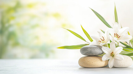 Tranquil spa setting with white lilies and smooth stones for relaxation