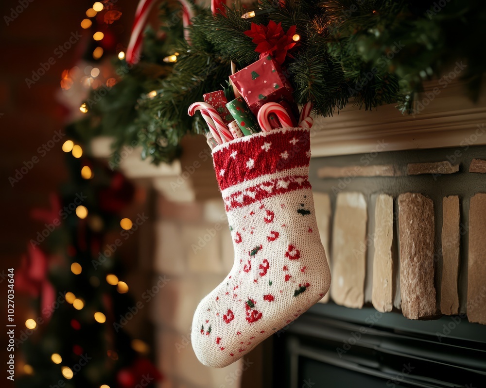 Sticker A Christmas stocking filled with gifts and candy hangs on a brick fireplace mantel.