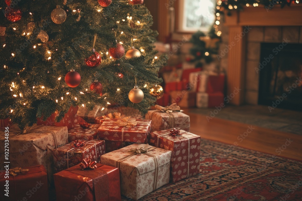 Canvas Prints A Christmas tree with twinkling lights and presents underneath, a fireplace in the background.