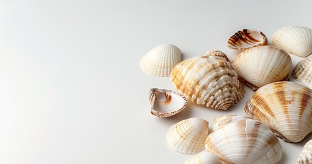 Obraz premium Seashells in closeup against a white backdrop. with an image of copy space. Location for inserting graphics or text, Generative AI.