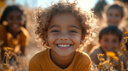 A young girl with curly hair is smiling and looking at the camera