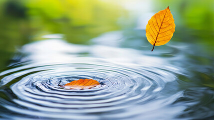 A single leaf falling into a tranquil pond creating ripples in nature
