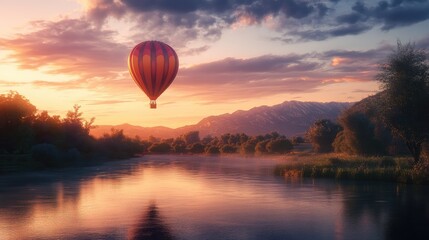 Obraz premium A balloon drifting along a peaceful river at twilight, with scenic mountains in the distance.