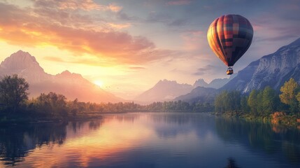 A balloon drifting along a peaceful river at twilight, with scenic mountains in the distance.