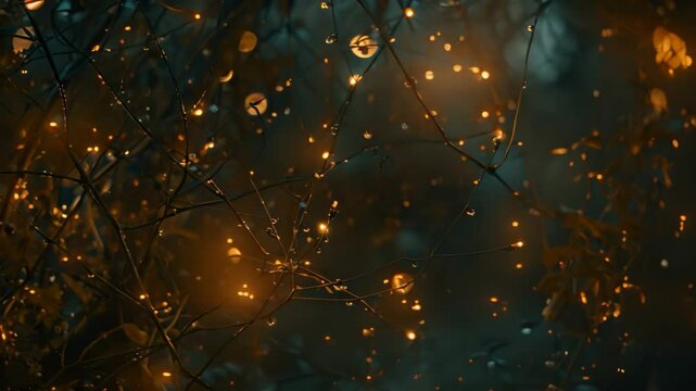 Fairy lights glow on bare branches, casting warm light against a dark background, creating a magical ambiance, Dainty fairy lights twinkling in the night