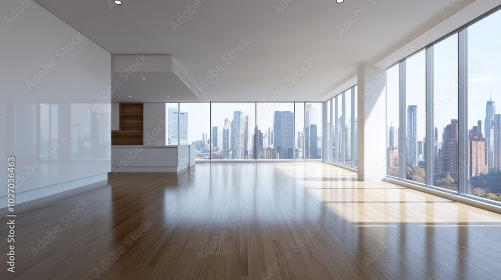 Poster a large, empty room with a large window overlooking a city
