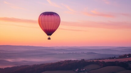Obraz premium A balloon floating in a pastel sky at dawn, with scenic rural landscapes below. No people.