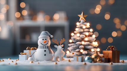 cheerful snowman and reindeer celebrate Christmas beside beautifully decorated tree, surrounded by festive gifts and warm lights, creating joyful holiday atmosphere