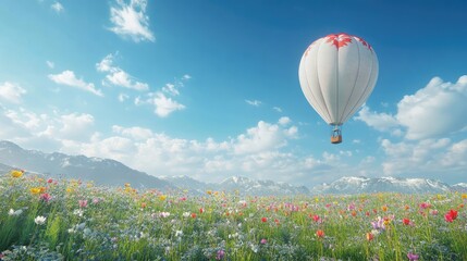 Fototapeta premium A balloon floating in a wide blue sky, with a scenic field of wildflowers below. No people.