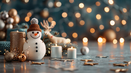 cheerful snowman and reindeer celebrate Christmas surrounded by festive decorations and warm lights, creating joyful holiday atmosphere