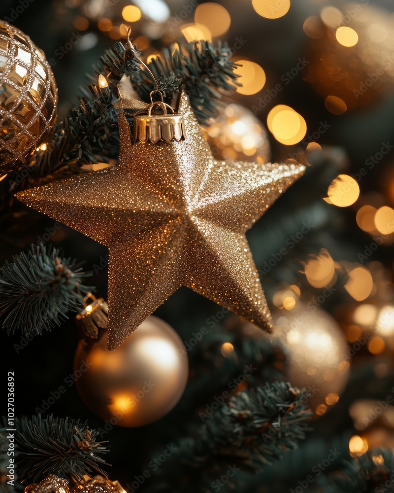 Poster A close-up of a gold star ornament hanging on a Christmas tree with bokeh lights in the background.