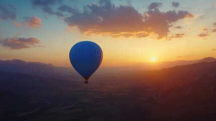 A bright blue balloon against a dramatic sunset sky, floating over scenic valleys. No people.