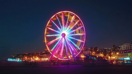 A brightly lit Ferris wheel spinning against a clear night sky with scenic city lights in the background. No people.