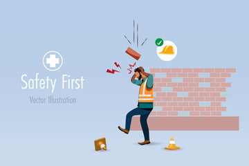 Brick falling on worker head without wearing safety helmet. Safety first awareness, accident caution at industrial, construction site. Vector.