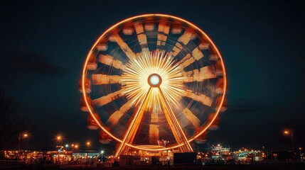 A brightly lit Ferris wheel spinning against a clear night sky with scenic city lights in the background. No people.