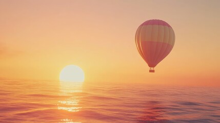 Fototapeta premium A colorful balloon drifting across a vibrant orange sunset, with scenic ocean views below. No people.