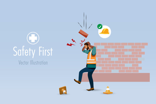 Brick falling on worker head without wearing safety helmet. Safety first awareness, accident caution at industrial, construction site. Vector.