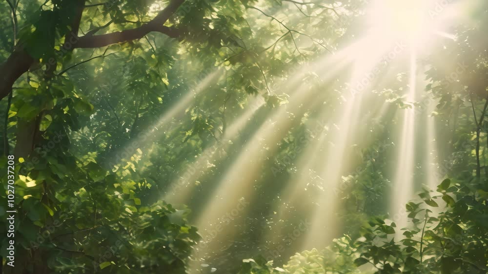 Poster sunlight beams through a dense forest canopy, creating a dappled light effect, dappled sunlight filt