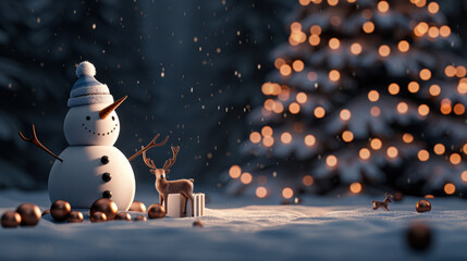 snowman and reindeer are joyfully enjoying snowy night, surrounded by festive decorations and beautifully lit Christmas tree. scene captures magic of winter