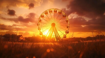 A Ferris wheel illuminated by the setting sun, framed by scenic countryside views. No people.