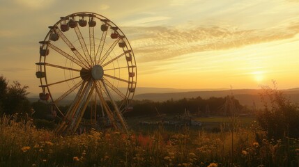 Fototapeta premium A Ferris wheel illuminated by the setting sun, framed by scenic countryside views. No people.