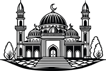 Elegant Mosque Silhouette Vector Illustration | Islamic Architecture Art, mosque vector illlustration,