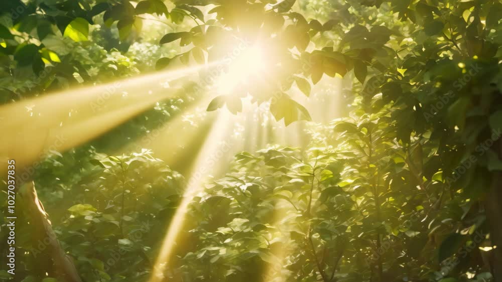 Poster sunlight streams through the leaves of a dense rainforest canopy, creating a mesmerizing pattern of 