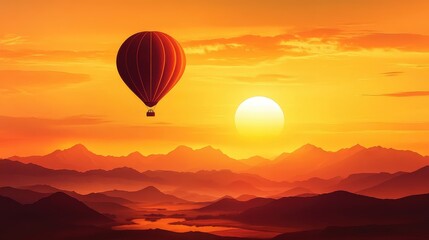 Fototapeta premium A lone balloon soaring against a golden sunset, with scenic desert landscapes below. No people.