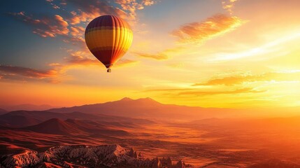Obraz premium A lone balloon soaring against a golden sunset, with scenic desert landscapes below. No people.