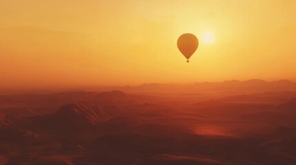 Fototapeta premium A lone balloon soaring against a golden sunset, with scenic desert landscapes below. No people.