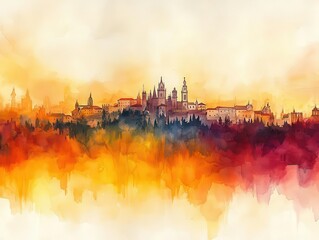 Fototapeta premium watercolor illustration capturing the essence of portugal day, featuring the national flag intertwined with a delicate city skyline, evoking pride and celebration