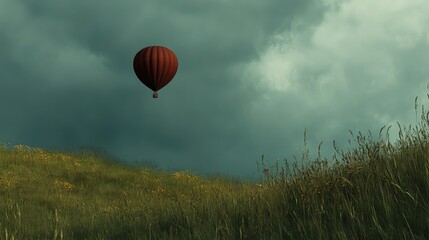 Obraz premium A single balloon against a stormy sky, floating over scenic rolling meadows. No people.