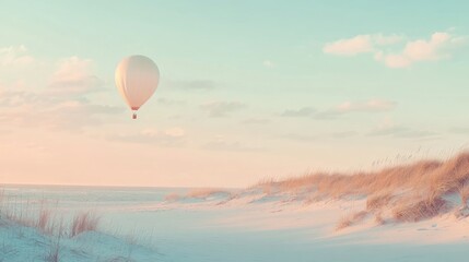 Fototapeta premium A single balloon floating over a peaceful beach with scenic dunes and a pastel sky. No people.