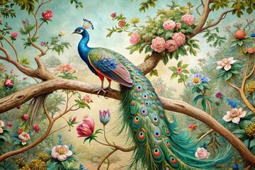 Naklejka premium Stunning Peacock Bird on Chinoiserie Patterned Fresco Wallpaper - Drone Photography for Elegant Interiors