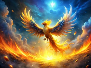 Stunning Phoenix Bird Rebirth in Smoky Yellow, Orange, and Blue Lights - Symbol of Indomitability and Renewal