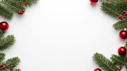 Festive Christmas holly branch frame with red ornaments on white background