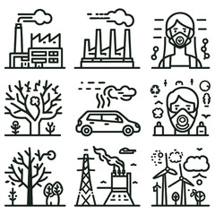 Environmental Pollution and Sustainable Energy Concept Icons, a set of icons, generative AI.