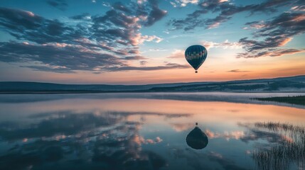 A single balloon rising over a calm lake, reflecting the serene sky and scenery. No people included.
