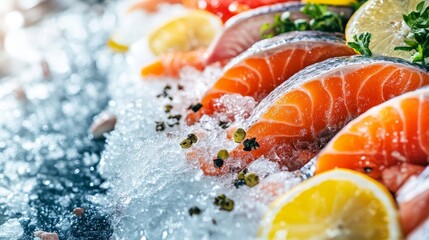 Fresh seafood display featuring salmon slices with lemon and herbs on ice.