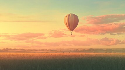 Fototapeta premium A single balloon rising over scenic farmlands, with a soft pastel sky in the background. No people.