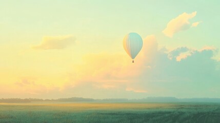 Fototapeta premium A single balloon rising over scenic farmlands, with a soft pastel sky in the background. No people.