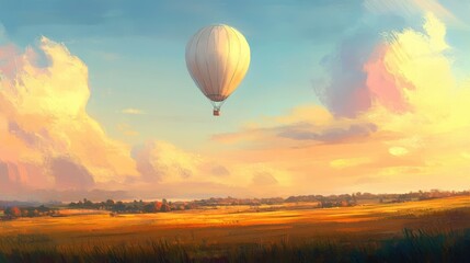 Obraz premium A single balloon rising over scenic farmlands, with a soft pastel sky in the background. No people.
