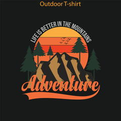 adventure-themed vector art design for T-shirts, featuring natural elements like mountains, trees, and trails, with a rugged, adventurous feel that can also be used for other outdoor-themed products.