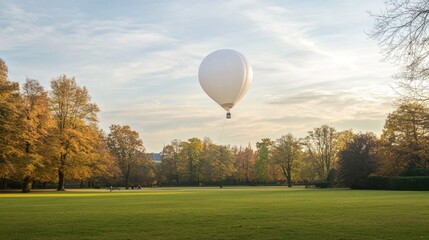 Obraz premium A single white balloon soaring above a peaceful park, with trees and sky in the distance. No people.