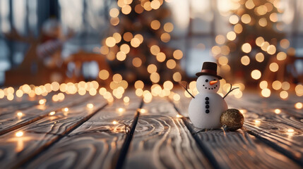 cheerful snowman with top hat stands on wooden surface, surrounded by warm, glowing lights and festive decorations, evoking joyful holiday spirit