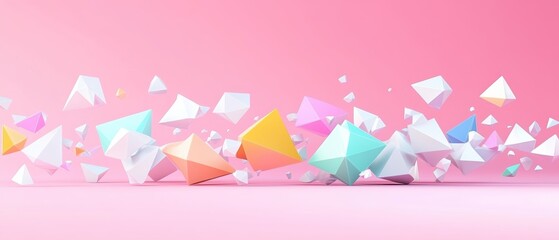 Colorful geometric shapes dynamically arranged on a soft pink background, creating a modern and playful visual appeal.