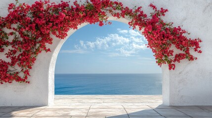 A stone archway framed by vibrant red bougainvillea vines opens to a view of the azure sea and a sky dotted with fluffy white clouds.